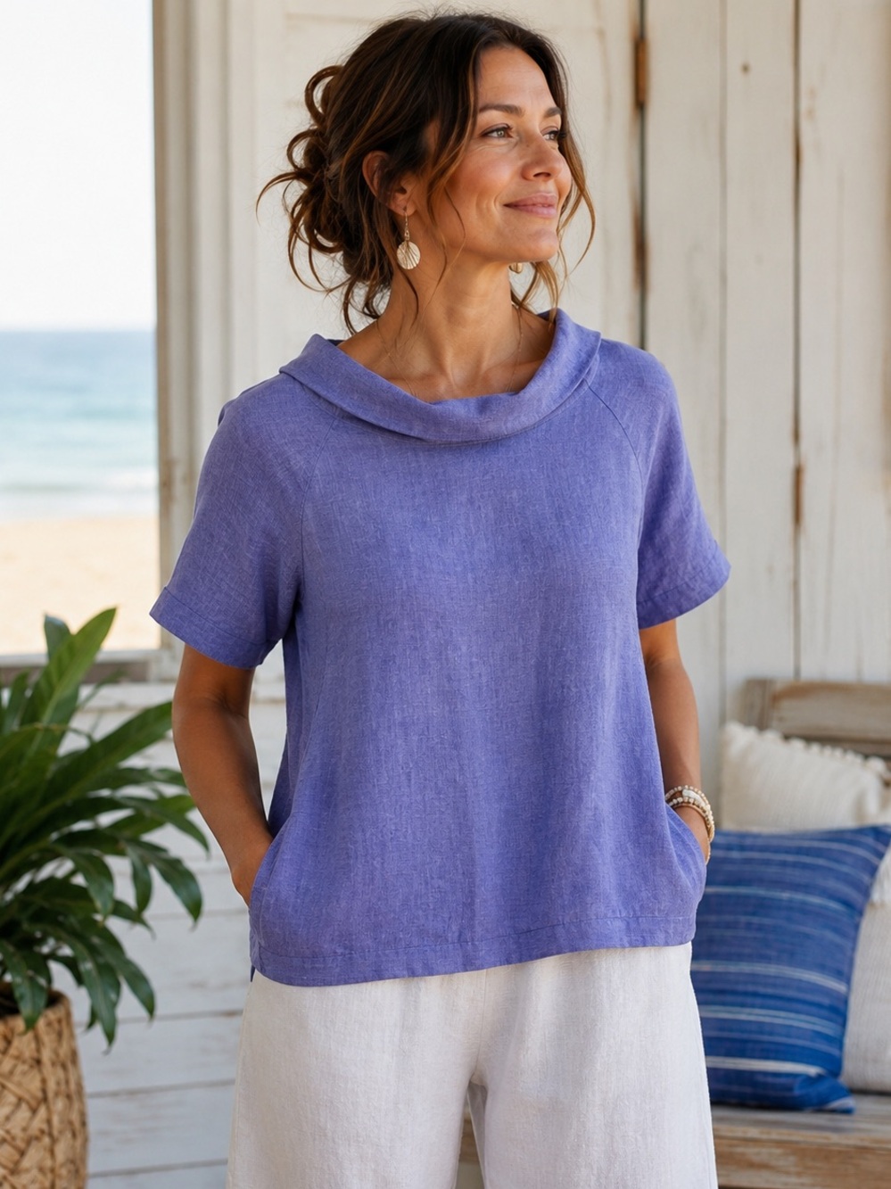 100% Linen Heathered Blue Lavender Cowl Neck Top Pockets